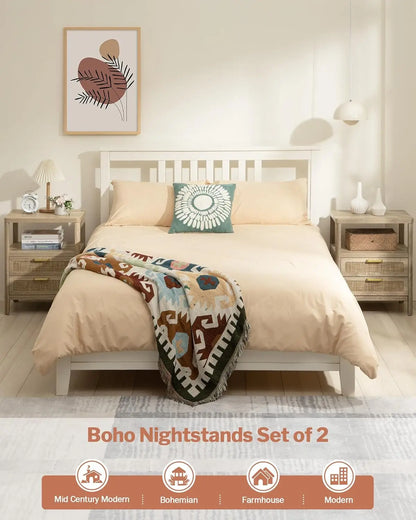 Nightstands Set of 2 - Rattan Night Stand Bedside Table with 2 Rattan Drawers, Open Storage Shelf