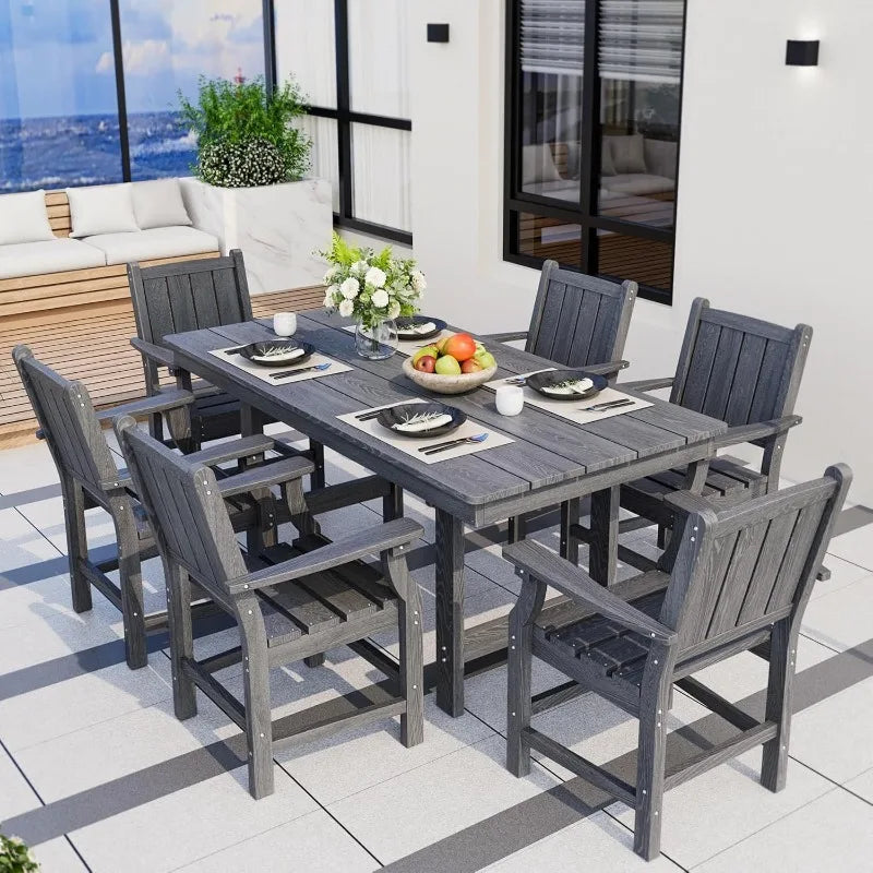 7-Piece HDPE Outdoor Dining Set, Wood Grain Table & Chairs (Gray)