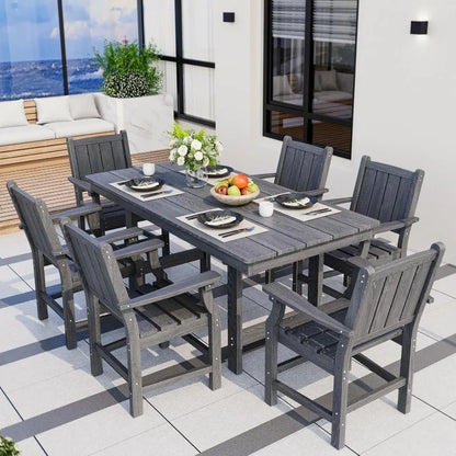7-Piece HDPE Outdoor Dining Set, Wood Grain Table & Chairs (Gray)