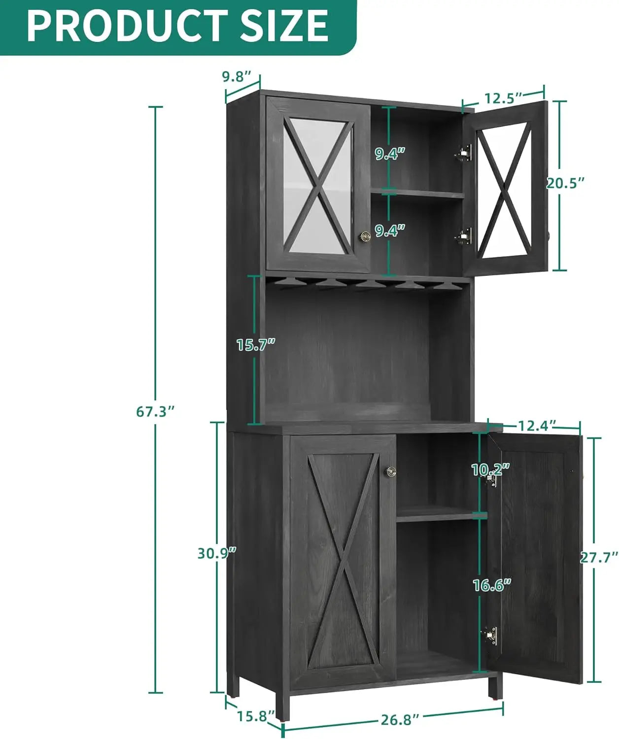 Kitchen Pantry Cabinet Storage with Microwave Stand, 67'' Tall Pantry Buffet Cabinet w/Acrylic Glass Doors and Glass Holder