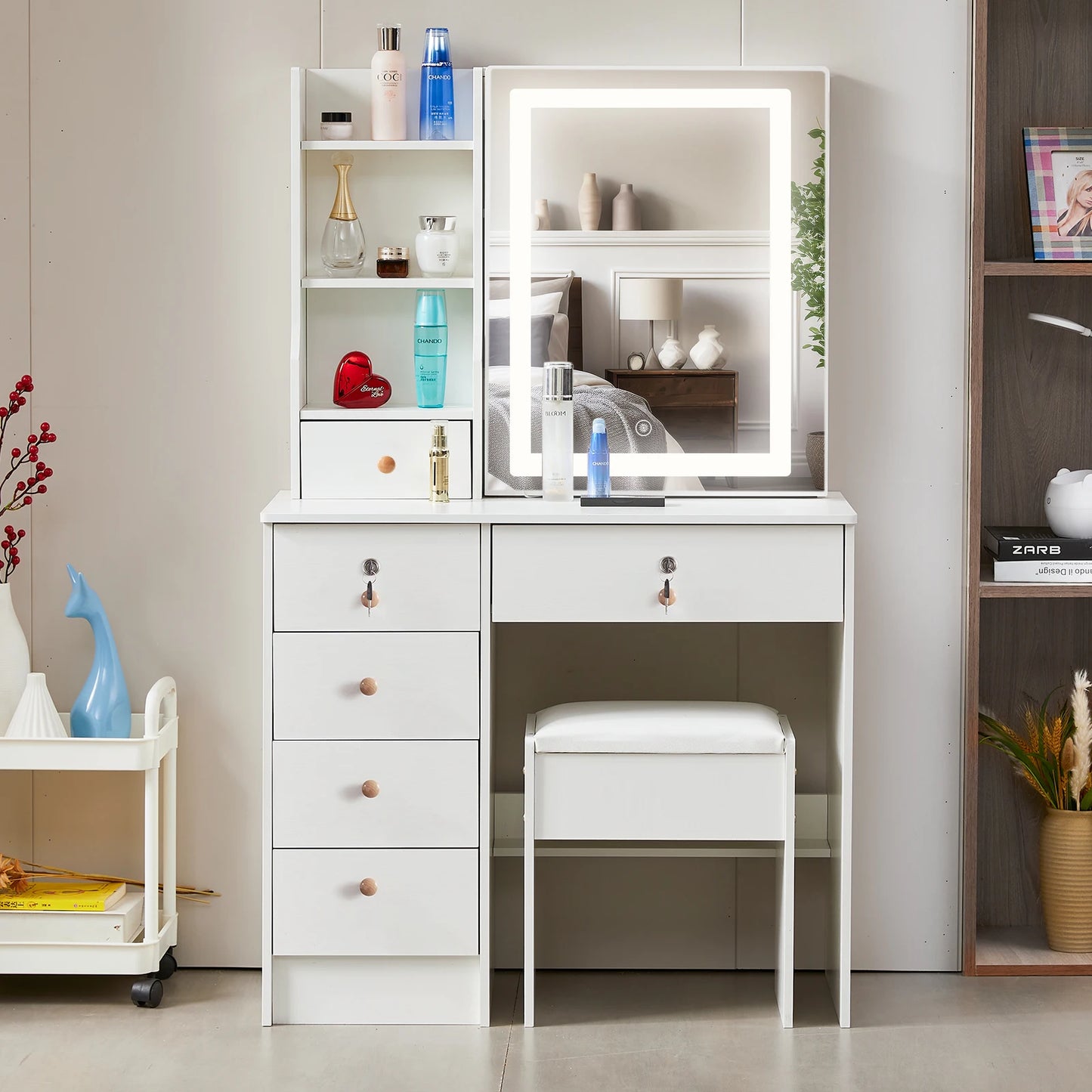 Dressing Table Mirror with Lights Stool Makeup Vanity Set Desk Organizer Dresser