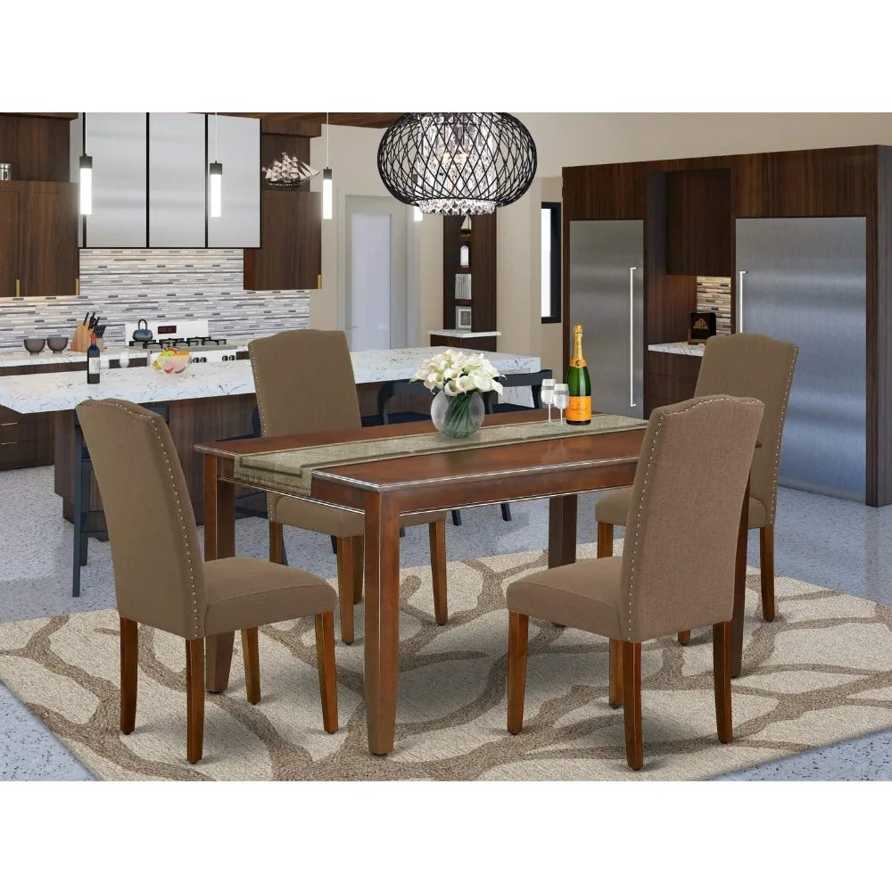 7 Piece Set Consistof a Rectangle Dining Room Table and 6 Dark Coffee Linen Fabric Upholstered Parson Chairs,36x60 Inch,Mahogany