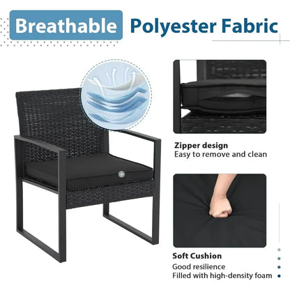 3 Pieces Patio Furniture Set, Outdoor Wicker Bistro Set, Modern Rattan Conversation Furniture with 2 Chairs and Tempered