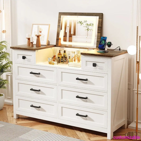 Dresser with Mirror for Bedroom, Chest of Drawers with LED Mirror, 8 Drawer Dresser with Charging Station, White Kids Dressers