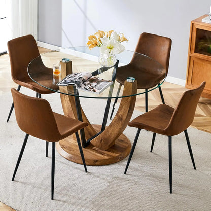 Round Dining Table Set for 4, 48 Inches Kitchen Table with 4 Brown Chairs, Tempered Glass Tabletop with Wood Pedestal Base