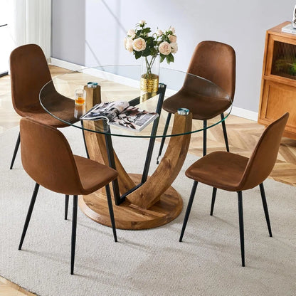 Round Dining Table Set for 4, 48 Inches Kitchen Table with 4 Brown Chairs, Tempered Glass Tabletop with Wood Pedestal Base