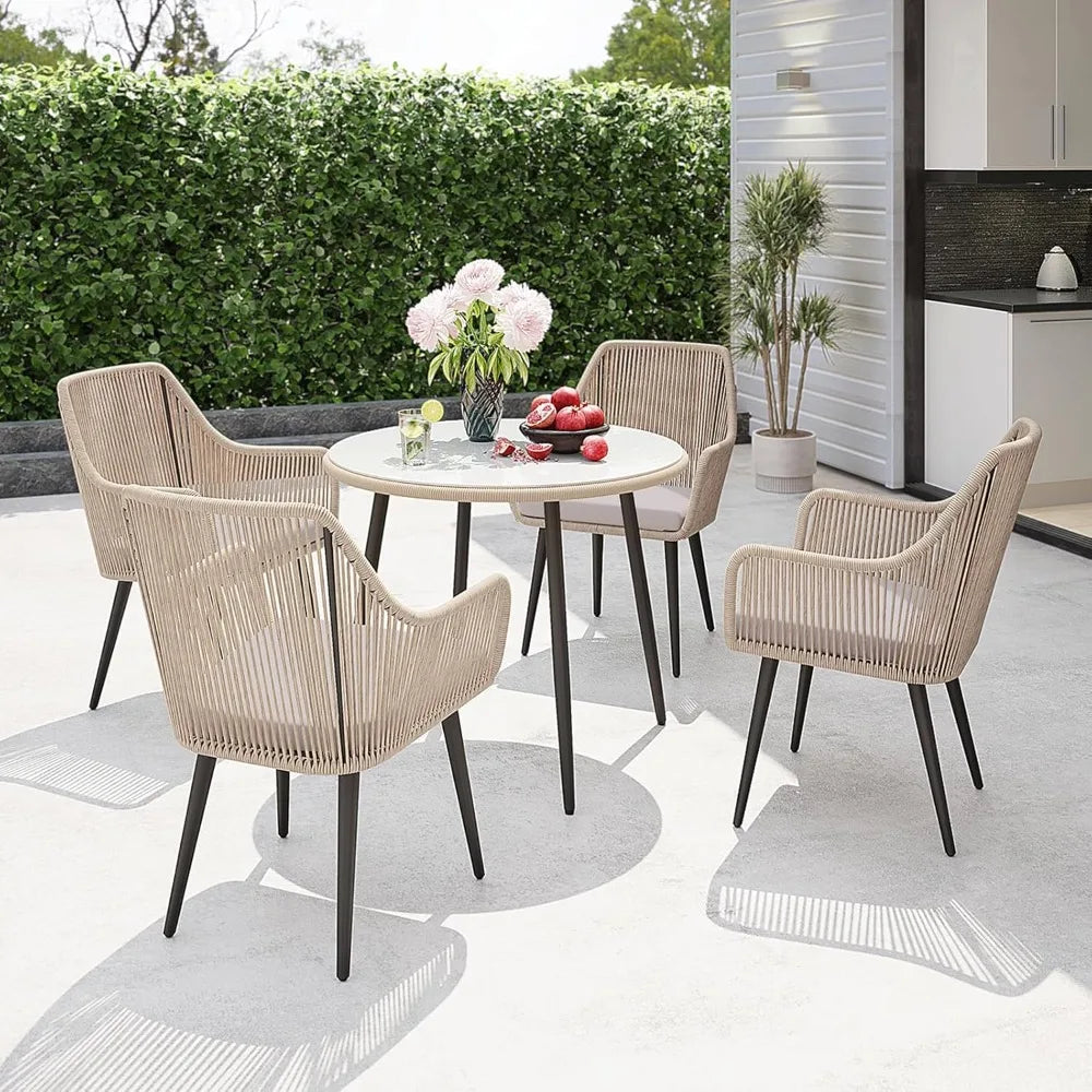 5-Piece Patio Dining Set, Outdoor Dining Table Chair Set, All-Weather Twisted Rattan Wicker Rope Conversation Set, Patio Furnit