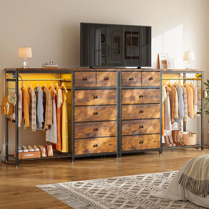 49.2" W Dresser for Bedroom with Hanging Rack 6 Drawers Dresser with LED Lights & Charging Station, Fabric Dressers