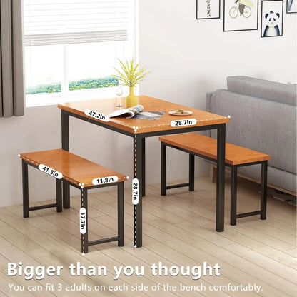 Dining Room Table Set, Kitchen Table Set with 2 Benches, Ideal for Home, Kitchen and Dining Room, Breakfast Table 47.2x28.7x29.5