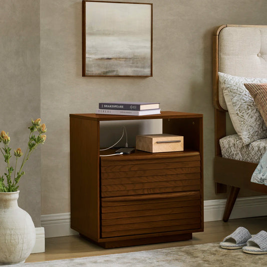 Nightstand with Charging Station & Outlet Hole & 2 Solid Wood Drawers, End Table with Open Shelf, for Living Room Reception Room