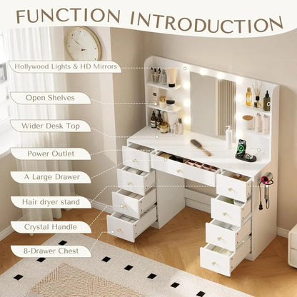 Vanity Desk with Mirror and Lights, Makeup Vanitys Desk with 9 Drawers and 6 Storage Shelves Dressing Table, Vanity Desks