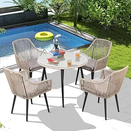 5-Piece Patio Dining Set, Outdoor Dining Table Chair Set, All-Weather Twisted Rattan Wicker Rope Conversation Set, Patio Furnit