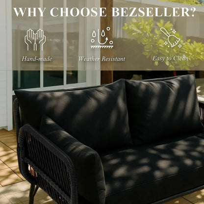 3-piece outdoor terrace furniture set, L-shaped rattan sofa with thick padding, glass coffee table - complete set