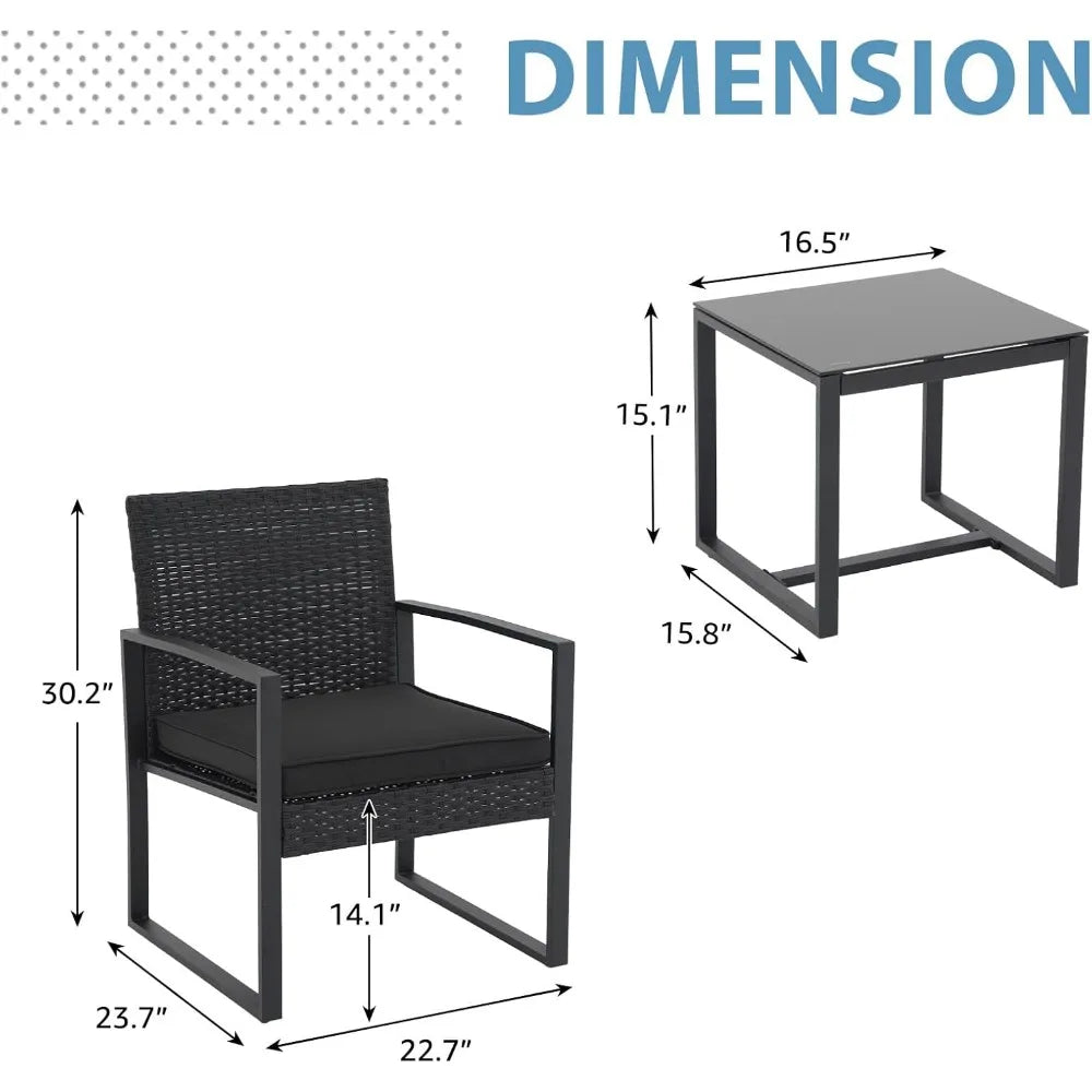 3 Pieces Patio Furniture Set, Outdoor Wicker Bistro Set, Modern Rattan Conversation Furniture with 2 Chairs and Tempered
