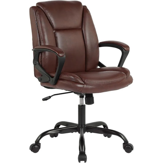 Ergonomic PU Leather Desk Chair with Swivel, Mid-Back Support and Lumbar Cushion for Home Office Use