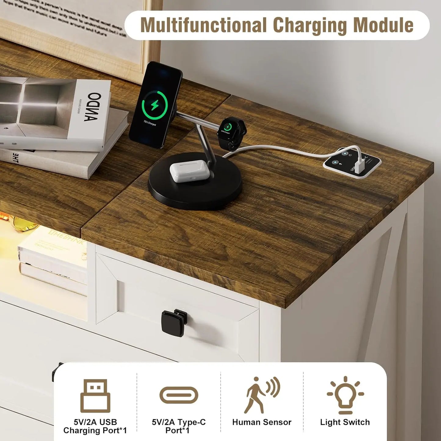 Dresser with Mirror for Bedroom, Chest of Drawers with LED Mirror, 8 Drawer Dresser with Charging Station, White Kids Dressers