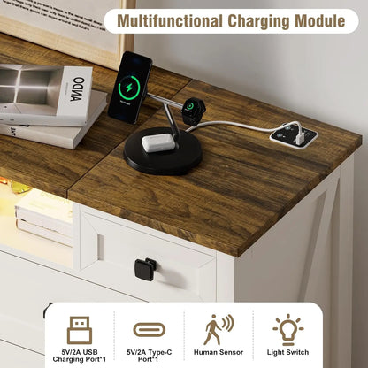 Dresser with Mirror for Bedroom, Chest of Drawers with LED Mirror, 8 Drawer Dresser with Charging Station, White Kids Dressers