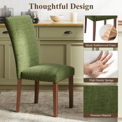 "Set of 2 Green Parsons Dining Chairs - Upholstered with Nailhead Trim, Thick Cushions & Wood Legs"
