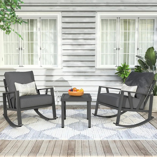 Patio Porch Furniture Set, Patio Outdoor Rocking Chairs Set of 2 with Coffee Table, 3 Piece Metal Outdoor Patio Furniture