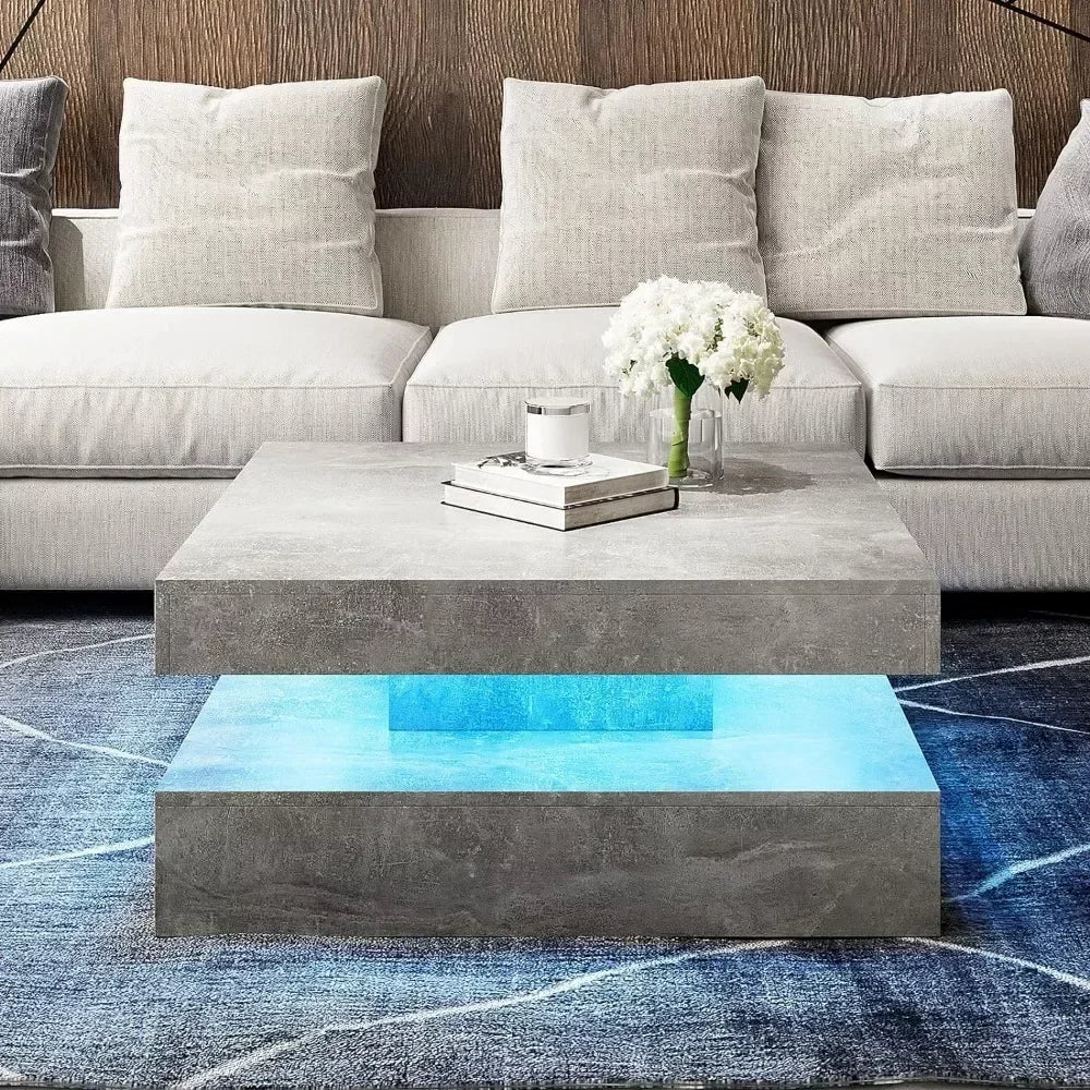 LED Coffee Table, 31inch Wooden Square 2-Tier Tables, Coffee Tables with 16-Color Plug-in LED Light, Coffee Table