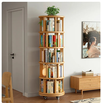 Solid wood rotating bookshelf 360 degree floor-standing bookcase storage rack movable corner children's small narrow cabinet