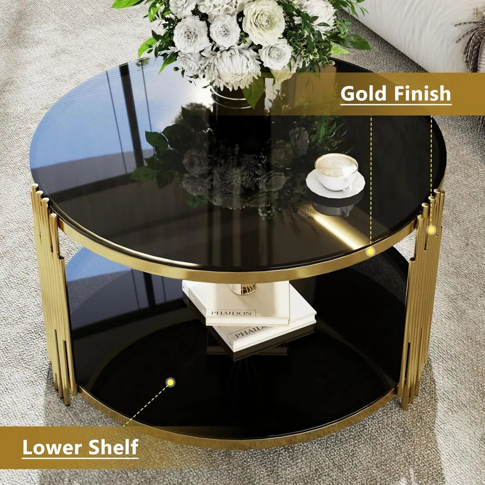 Gold Glass Coffee Table Black Round Modern Living Room Table, Luxury Stainless Steel Irregular Leg Tempered Glass Top, Sofa Cent