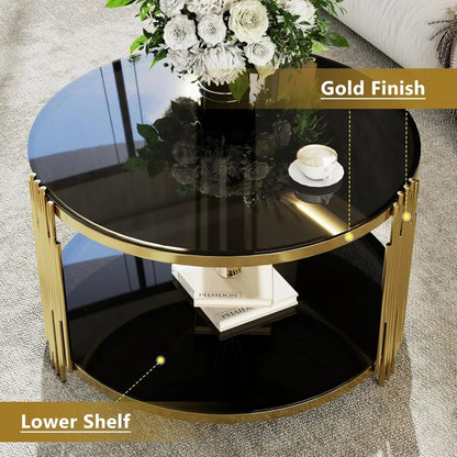 Gold Glass Coffee Table Black Round Modern Living Room Table, Luxury Stainless Steel Irregular Leg Tempered Glass Top, Sofa Cent