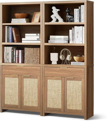 Hampstead Bookcase, Rattan Bookcase with Doors Cabinet and Drawer, 5-Tier Bookshelf, Large Wooden Book Case, Tall Bookshelves