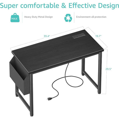 39 inch Computer Desk with Power Outlet, 40 inch Teen Study Table Home Office Work Writing Desks with Charging Station Outlets