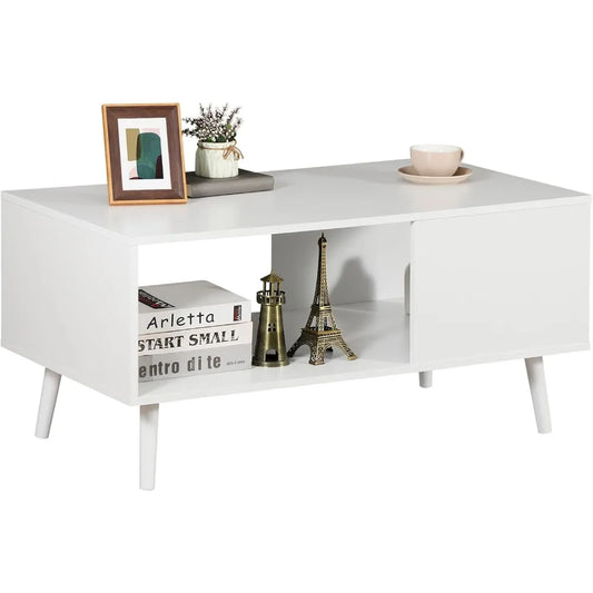 Mid Century Modern Coffee Table, Wooden Retro Coffee Table with Open Storage Shelf for Living Room, Reception, Easy Assembly