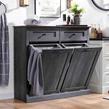 Double Tilt Out Laundry Hamper Cabinet, 20 Gallon Farmhouse Trash Can Cabinet with Drawer, Hidden Wood Garbage Can Bin Cabinet