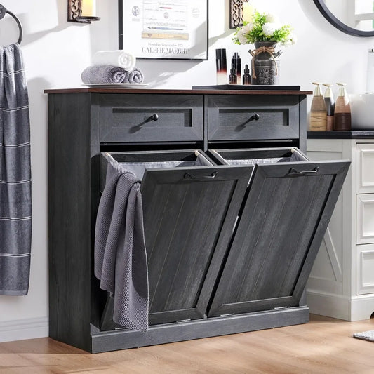 Double Tilt Out Laundry Hamper Cabinet, 20 Gallon Farmhouse Trash Can Cabinet with Drawer, Hidden Wood Garbage Can Bin Cabinet