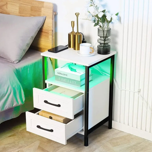 Nightstand Charging Station and RGB Light with USB Ports and Sockets, White Nightstand with Drawers, Farmhouse Nightstand