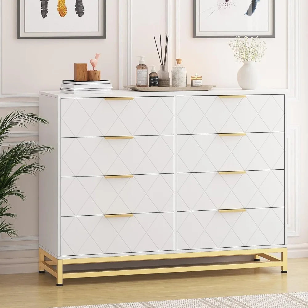 Dresser for Bedroom With 8 Drawer Dressing Table TV Stand Dressers Chest of Drawers for Living Room Hallway Entryway White the