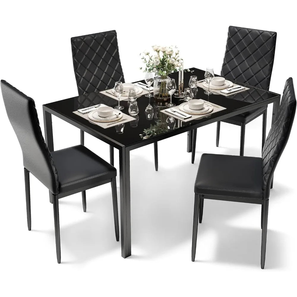 Dining Table Set for 4, Kitchen Table and Chairs Set of 4, 5 Piece Modern Dining Room Table Set with Tempered Glass Top
