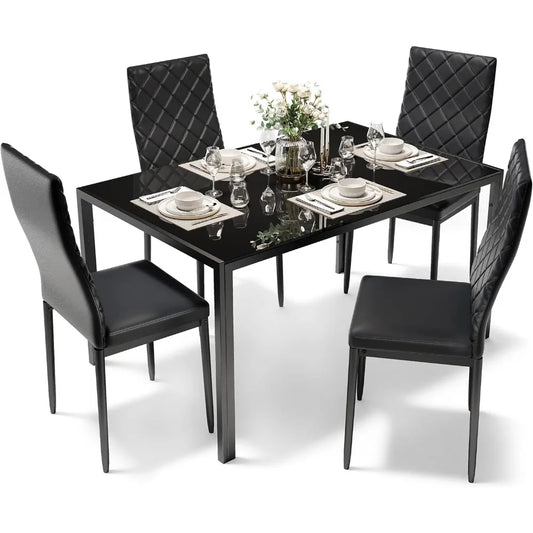 Dining Table Set for 4, Kitchen Table and Chairs Set of 4, 5 Piece Modern Dining Room Table Set with Tempered Glass Top