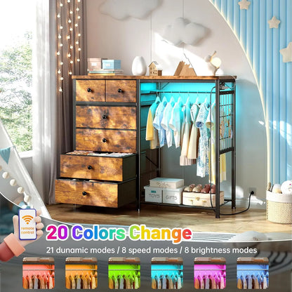 49.2" W Dresser for Bedroom with Hanging Rack 6 Drawers Dresser with LED Lights & Charging Station, Fabric Dressers