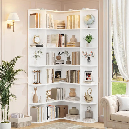 74” Tall Corner Bookshelf, 6-Tier Bookshelf and Bookcase with Open Storage, L Shaped Tall Bookcases Wooden Storage Shelves