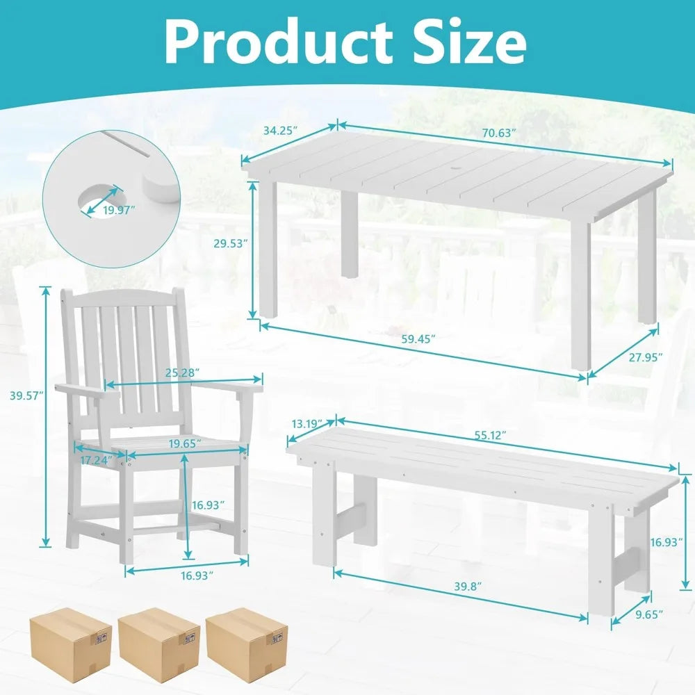 7-Piece HDPE Outdoor Dining Table Sets, Rectangular Patio Dining Furniture Set with 2” Umbrella Hole, Modern Dining 6 Chairs