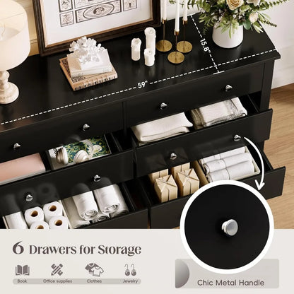 JUMMICO Black Dresser for Bedroom, 6 Wood Dresser Drawers, Wide Chest of Drawers, Storage Tower Unit, Modern Design for Bedroom,