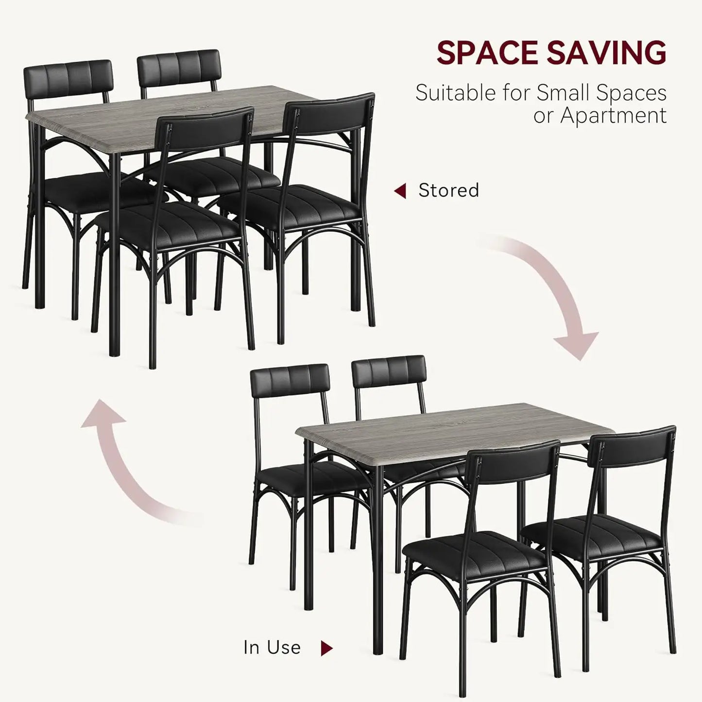 5-Piece Industrial Dining Table Set, Compact Kitchen Table & 4 Padded Chairs, Farmhouse Dining Room Furniture Set for Small Spac