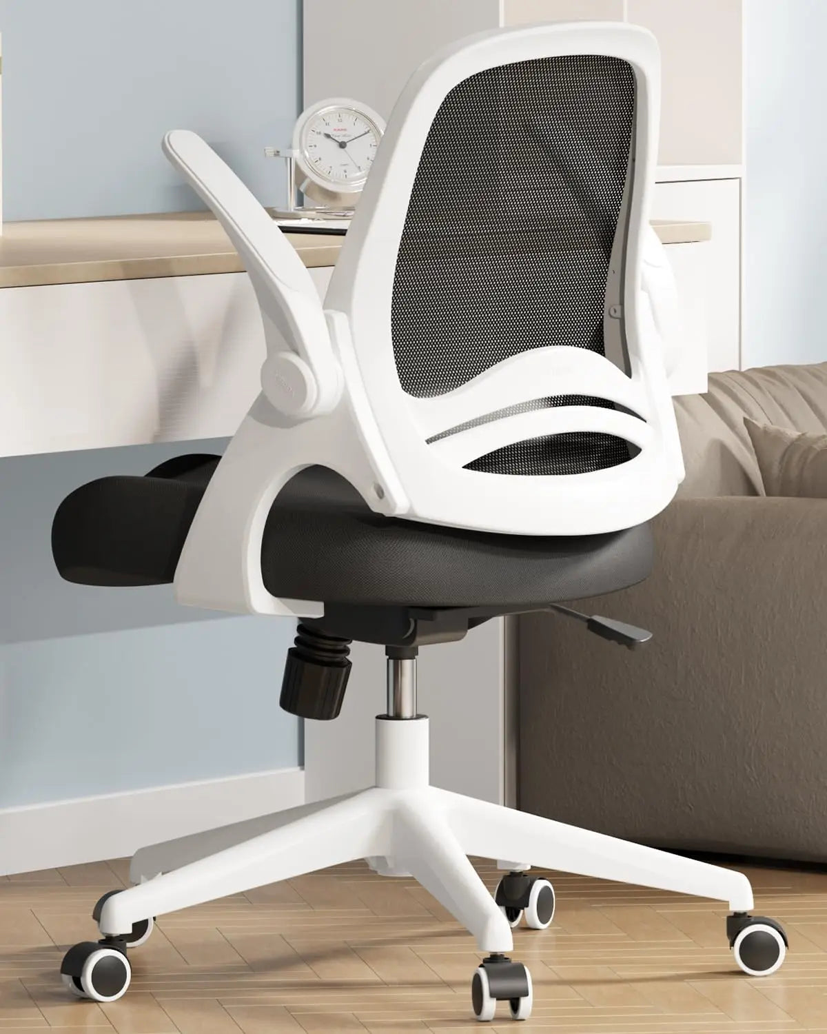 Office Desk Chair With Flip-Up Armrests And Saddle Cushion, Ergonomic Office Chair With S-Shaped Backrest, Swivel, Mesh, White,c