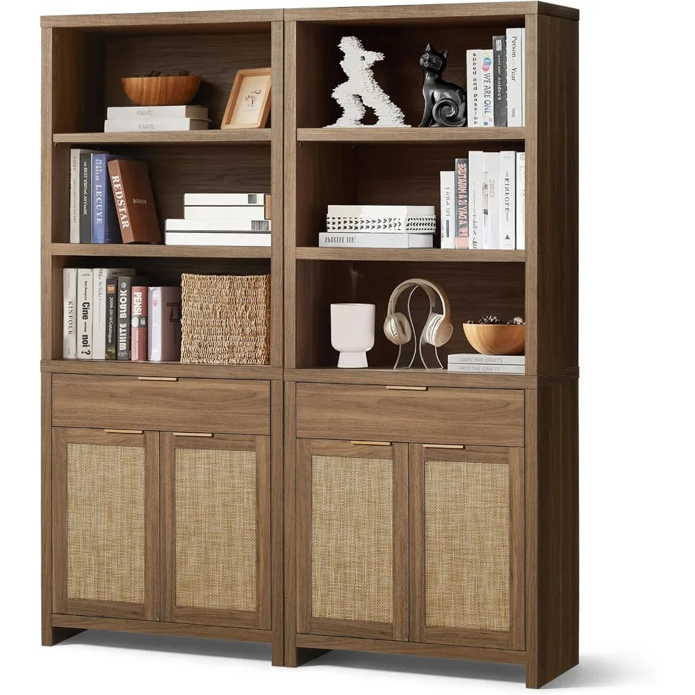 Hampstead Bookcase, Rattan Bookcase with Doors Cabinet and Drawer, 5-Tier Bookshelf, Large Wooden Book Case, Tall Bookshelves