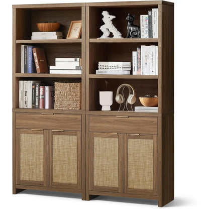 Hampstead Bookcase, Rattan Bookcase with Doors Cabinet and Drawer, 5-Tier Bookshelf, Large Wooden Book Case, Tall Bookshelves