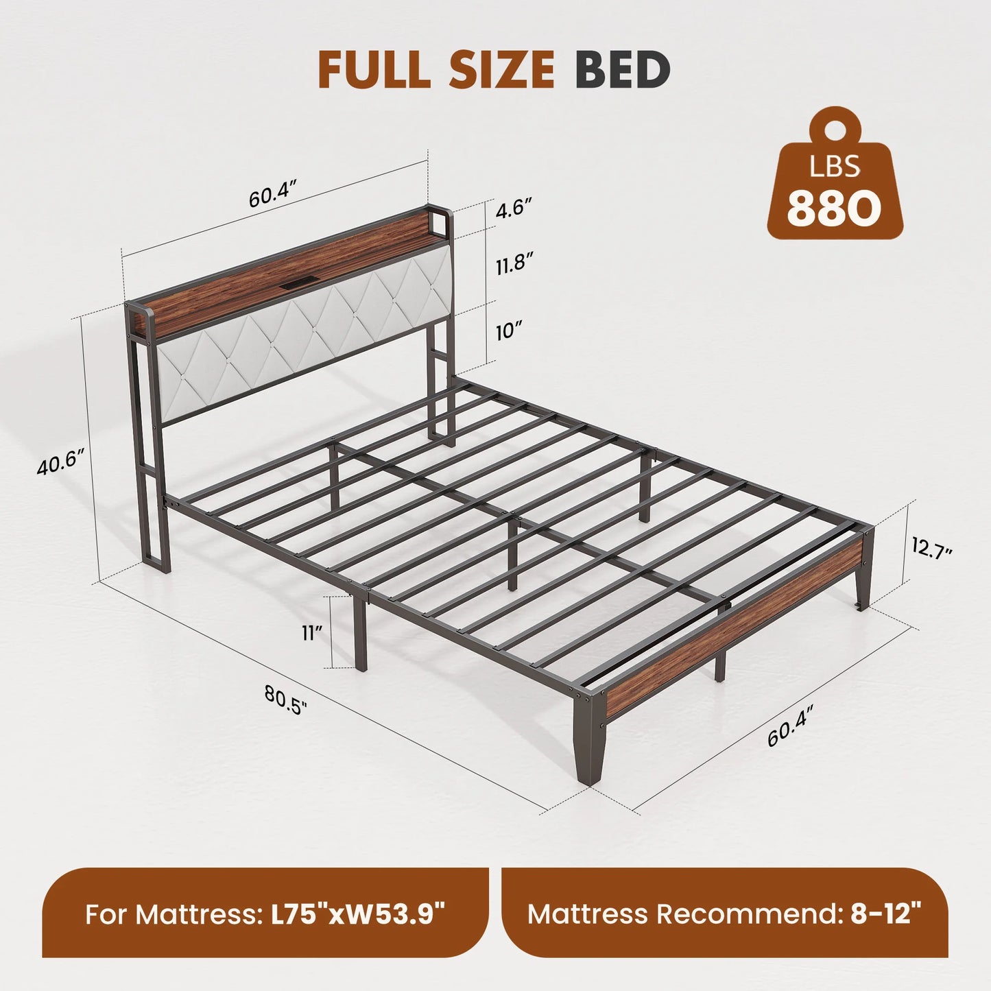 JHK King Size Soft Pack Heavy Duty Metal Bed Frame with Headboard Charging Station 1100lbs Capacity Easy Assembly For Bedroom