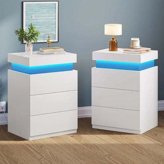 LED Nightstands Set of 2,Night Stands for Bedrooms Set of 2,Nightstand with Charging Station and Sliding Top,Bedside Table with