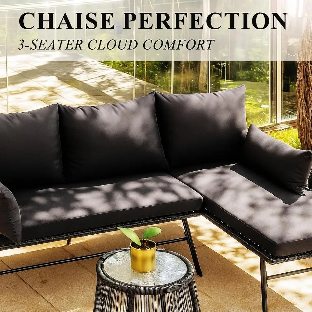 3-piece outdoor terrace furniture set, L-shaped rattan sofa with thick padding, glass coffee table - complete set