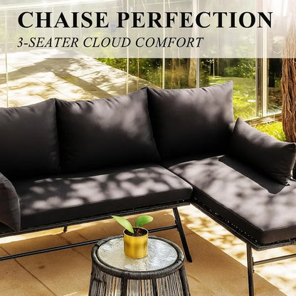 3-piece outdoor terrace furniture set, L-shaped rattan sofa with thick padding, glass coffee table - complete set