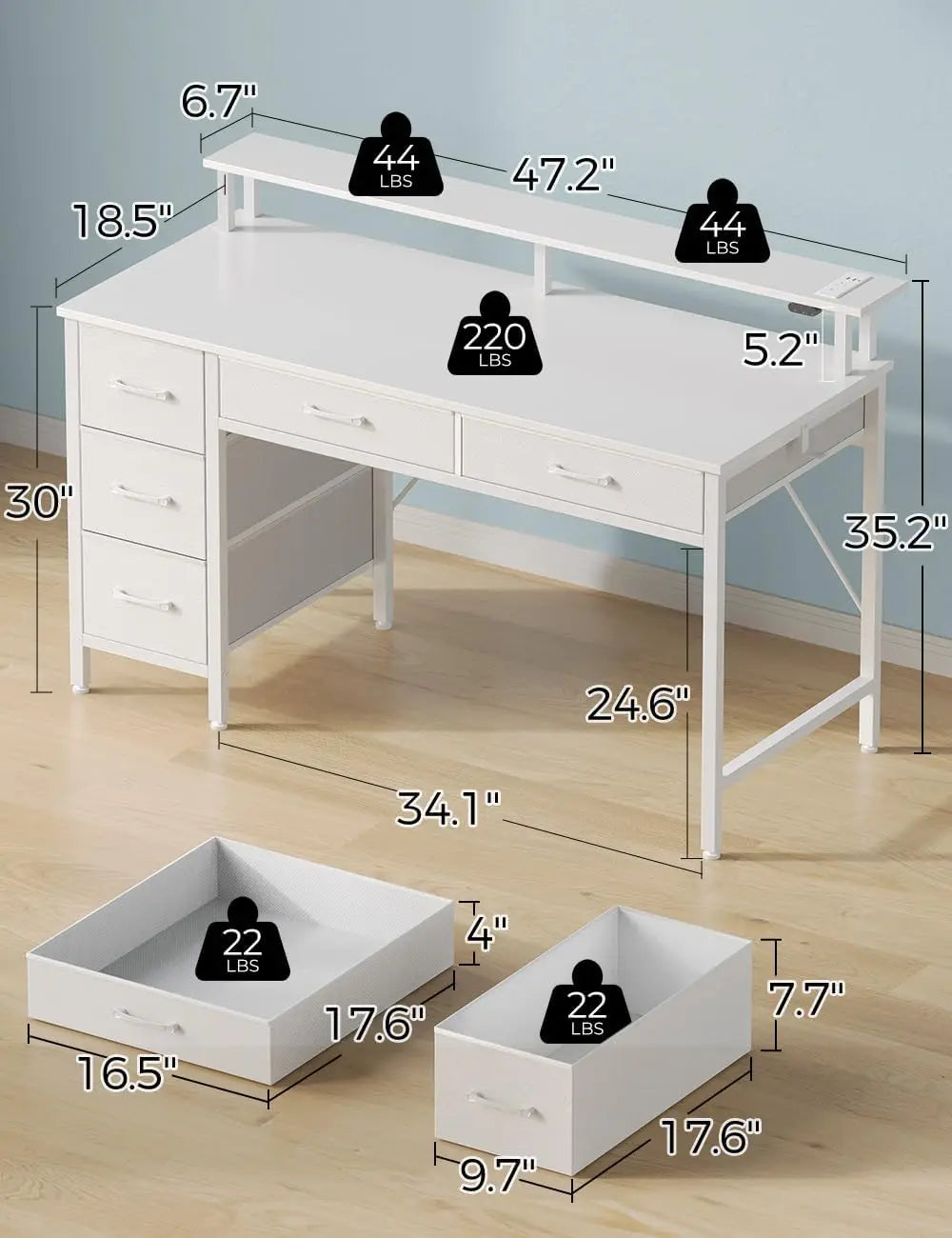 Home Office Computer Desk with Power Outlets, LED Light & 5 Drawers - Writing Desk with Monitor Stand