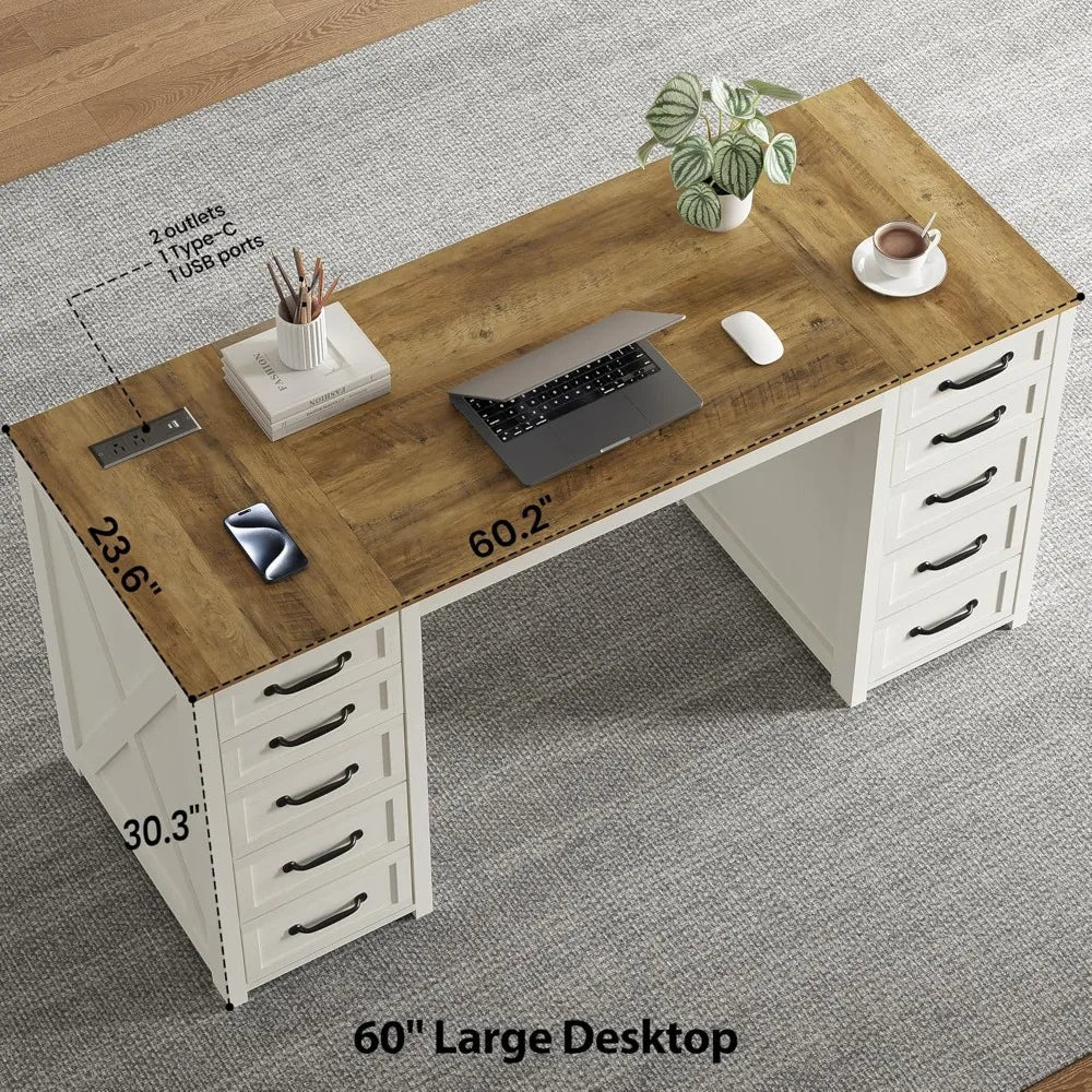 60" Farmhouse Home Office Desk with 10 Wooden Drawers, Rustic Computer Writing Desk with Power Outlets, Large Executive Desk